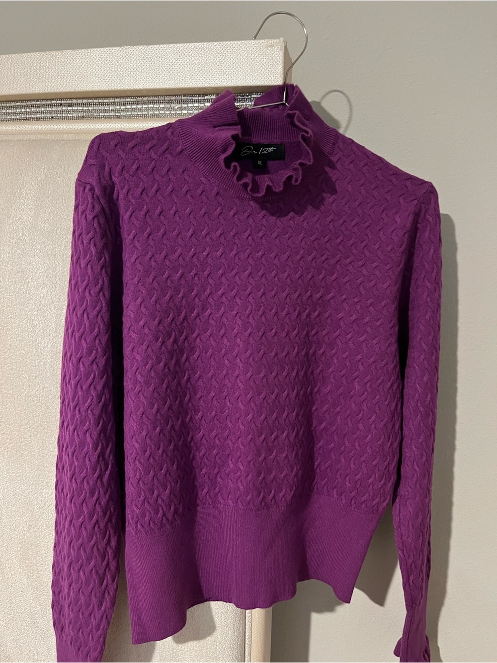 Ruffled Mock Neck Cable Knit Sweater - Purple